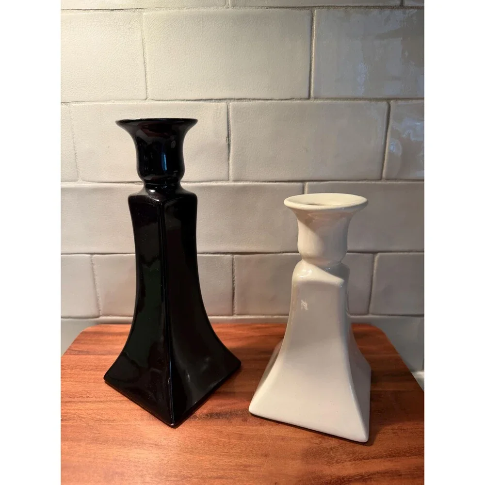 Vintage Royal Haeger Candlestick Holders Set Black and Cream Ceramic